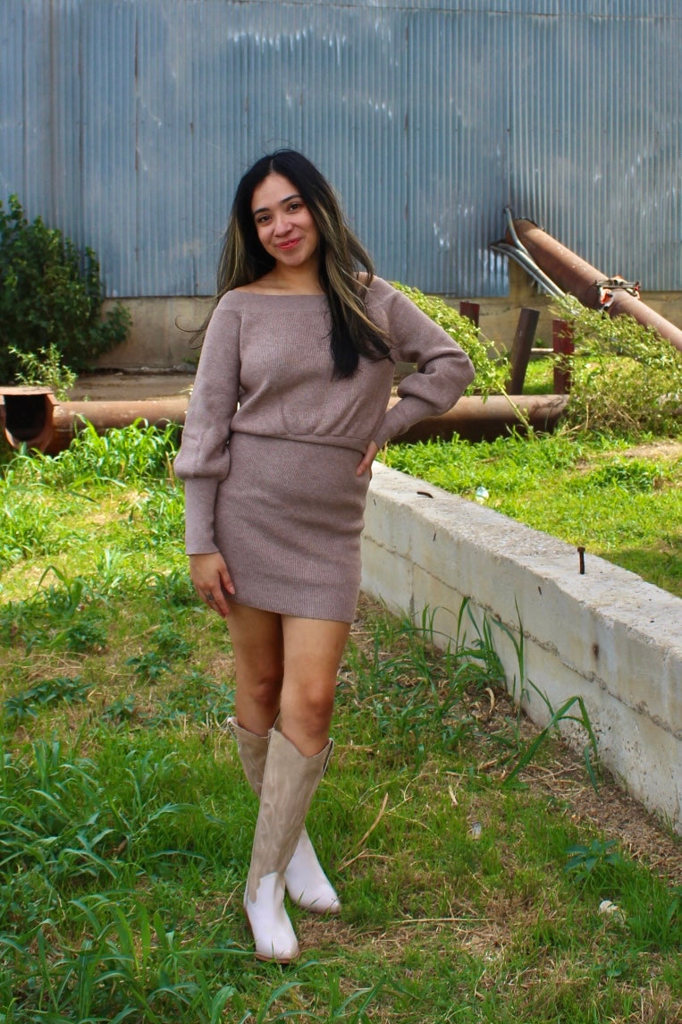 Latte Off-The-Shoulder Sweater Dress